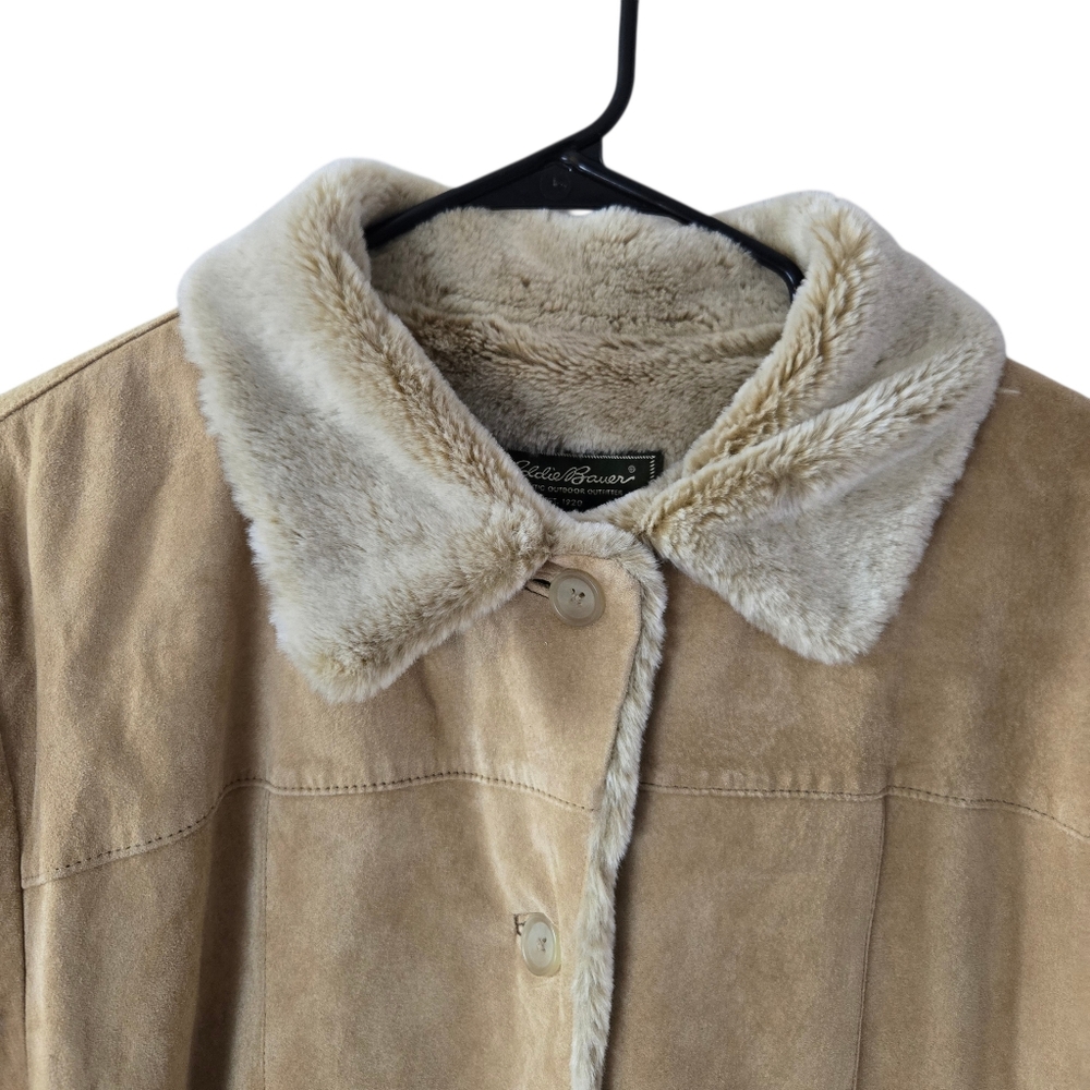 Eddie Bauer Genuine Leather Tan Jacket Button Front Y2K Faux Shearling Lined XL - Picture 3 of 15